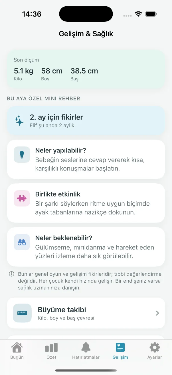 Bebeğin ayına özel gelişim rehberi ekranı