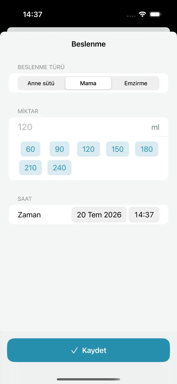 60 ile 240 mililitre arasında hızlı mama miktarı seçenekleri