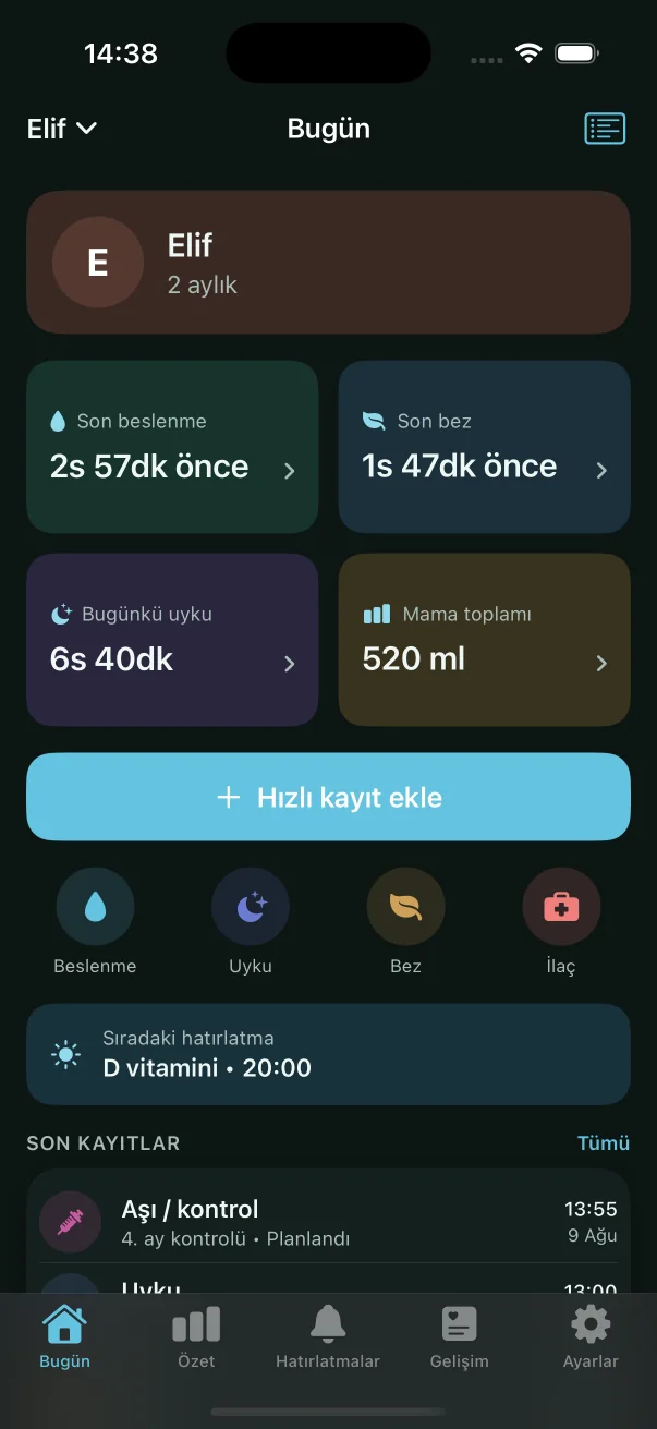 MinikRutin koyu temada Bugün ekranı